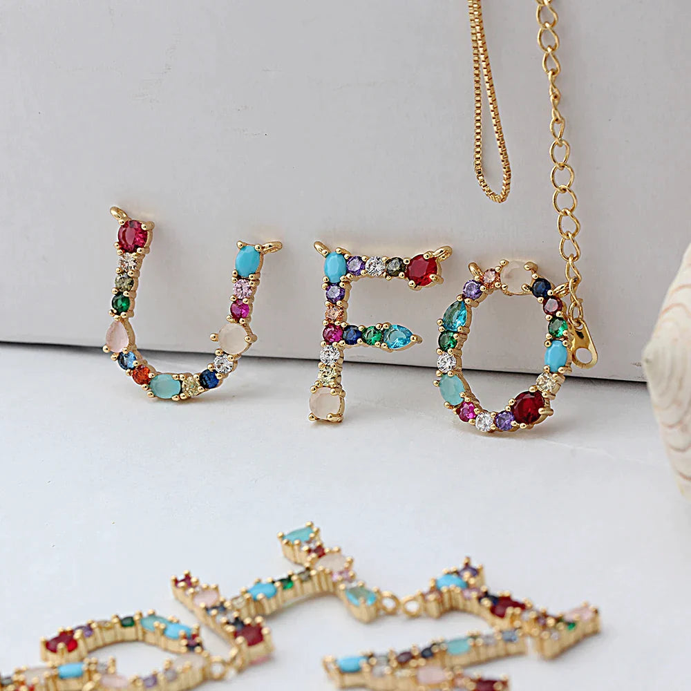 18K Gold Plated Precious Stones Initial Letter Necklace