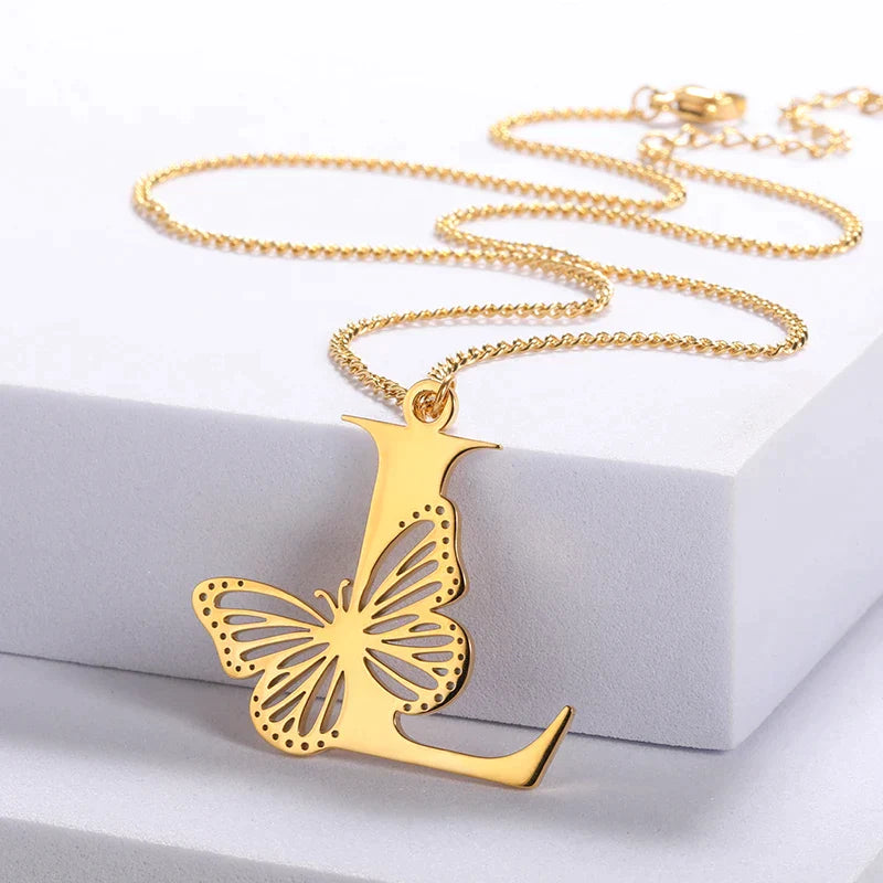 18K Gold Plated Initial Necklace with Butterfly