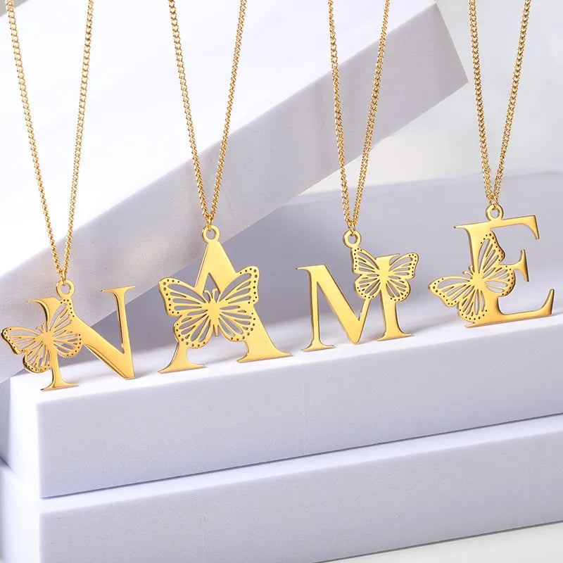 18K Gold Plated Initial Necklace with Butterfly