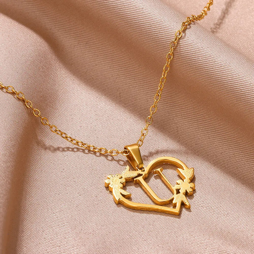 18K Gold Plated Love and Flowers Initial Letter Necklace
