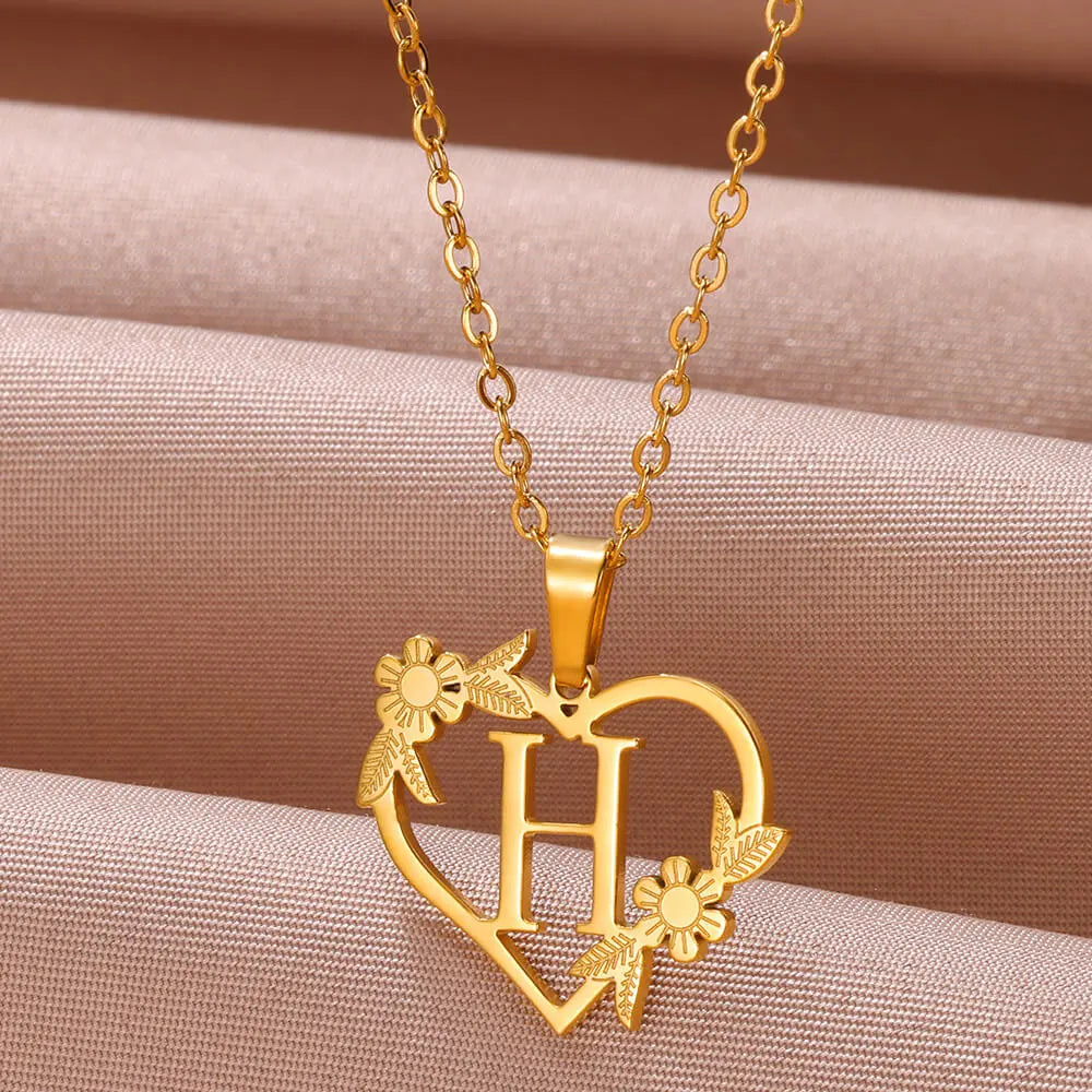18K Gold Plated Love and Flowers Initial Letter Necklace