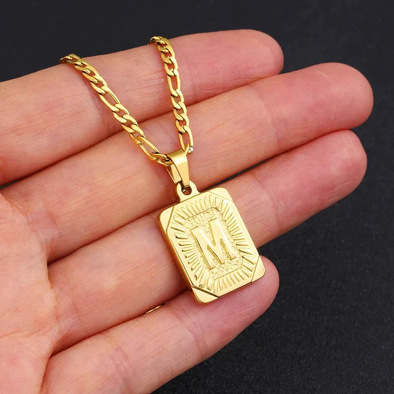 18K Gold Plated Rectangular Medallion Initial Necklace