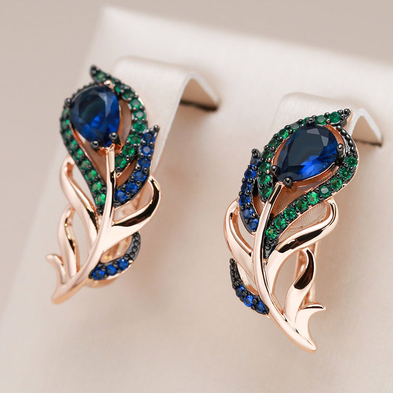 18K Rose Gold Handmade Peacock Feather Earrings with Shappires